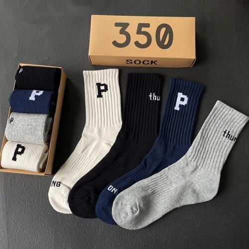 Letter "P" Socks ins Tide Men Women personality Crew Solid color Black white cotton street Korean Sports SOCKS 4 Pairs /box