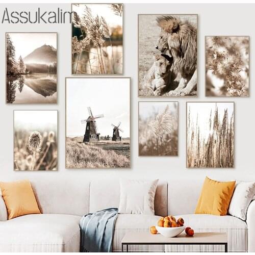 Landscape Posters Mountain Lake Poster Lion Print Reed Hay Canvas Painting Plant Prints Modern Pictures Living Room Decoration