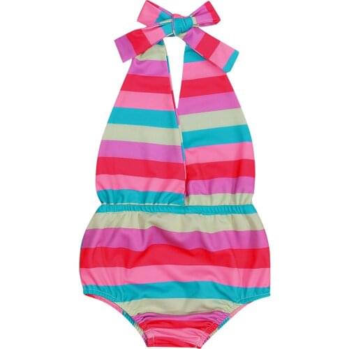 Infant Baby Girls Casual Backless Swimwear, Colorful Striped Multicolor V-neck Sleeveless Off-the-shoulder Bathing Suit 1-4T