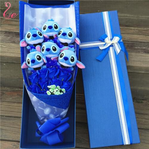 Drop shipping Cartoon Stitch Plush Doll Toys Cute Stich Plush Bouquet With Fake Flower Wedding Party Gift No Box