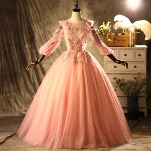 Luxury ruffled pink flower veil embroidery beading court ball gown royal Medieval Renaissance Victorian dress Belle ball