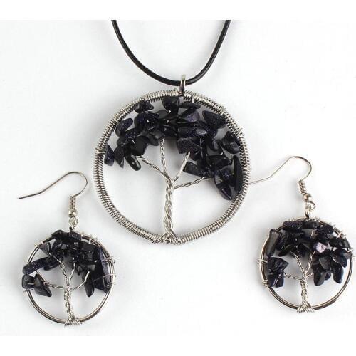 YJXP Silver Plated Tree of Life Pendant Rope Chain Necklace Blue Sand Stone Earrings for Women Charms Classic Round Jewelry Sets