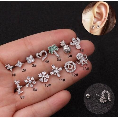 1Piece Stainless Steel Cz Cartilage Earring Heart Plant Octopus Helix Jewelry Tragus Rook Conch Screw Back Stud Piercing Jewelry