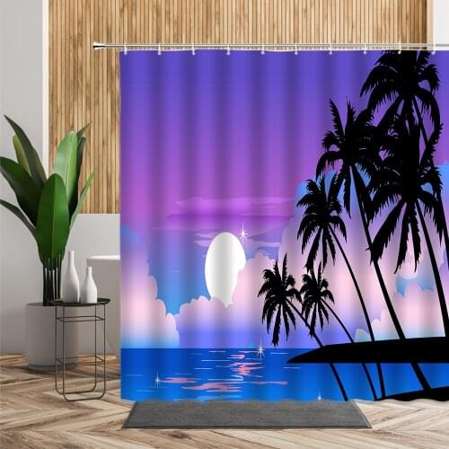Beach View Shower Curtains Purple Sky Palm Tree Dusk View Bathroom Bath Curtain Bathtub Screen With Hooks Polyester Home Decor
