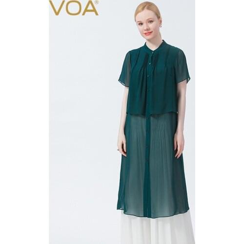 VOA Silk Georgette Green Vertical Collar Double-layer Splicing Decorative Fold Single-row Multi-button Long T-shirt BE711