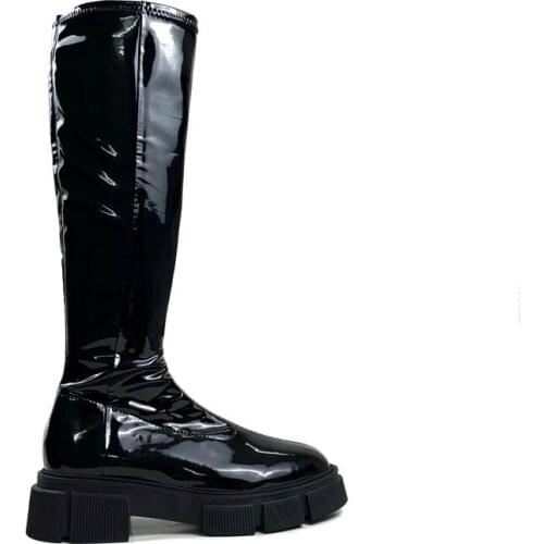 2021 Autumn Winter Elastic Long Boots Side Zipper Patent Leather Flat Bottomed Knee High Boots Womens Shoes Botas Feminina