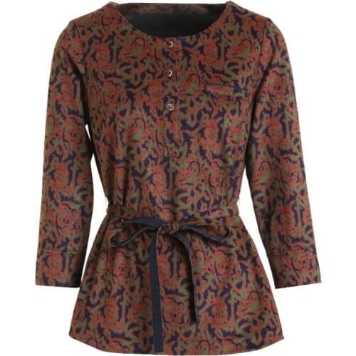 Gowani Women Autumn Shirt Casual Graphic Print Three Quarter Sleeve Jersey Knit Blouse for Ladies with Belted