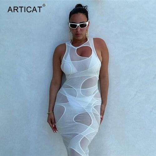 Articat Sexy Hollow Out See Through Midi Dress Summer Women Skinny O Neck Sleeveless Dresses Elegant High Street Party Vestidos