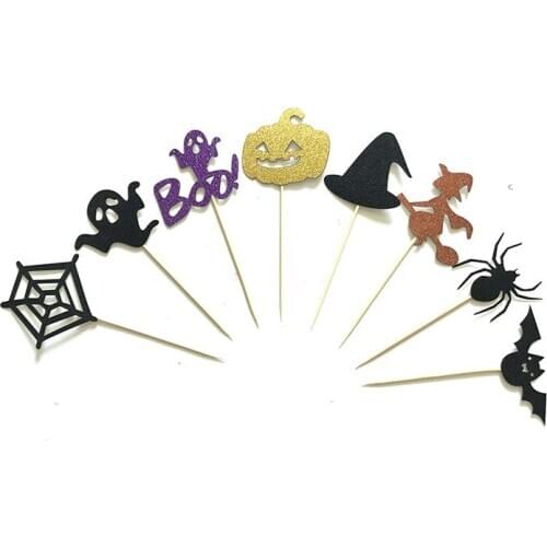 8PCS Halloween Horror Cupcake toppers Pumpkin Ghost Bat Spider Web Witch Boo Cake Inserted Card for Birthday Party Decor Kids