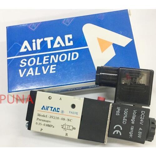 Free shipping 3 Port 2 POS 1/4" BSP Airtac Air Solenoid Valve 3V210-08 With LED Light Plug 12v 24v 110v 220v Optional