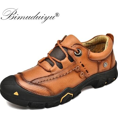 BIMUDUIYU Spring 2020 New Men Shoes Genuine Leather Non-slip Male Flats Lace-up Casual Shoes High Quality Outdoor Sneakers