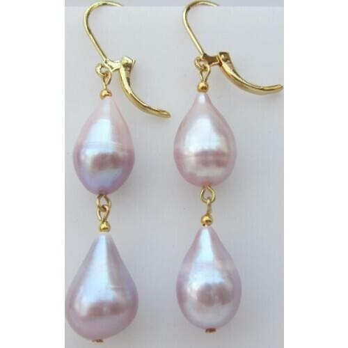 Handmade lovely bead huge new only 10-15MM south sea purple pearl earrings GOLD