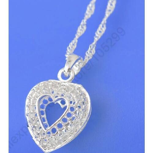 Fast Shipping Wholesale Lot Genuine 925 Sterling Silver Inside New Heart Pendant Necklaces+18" Singapore Chains Fashion