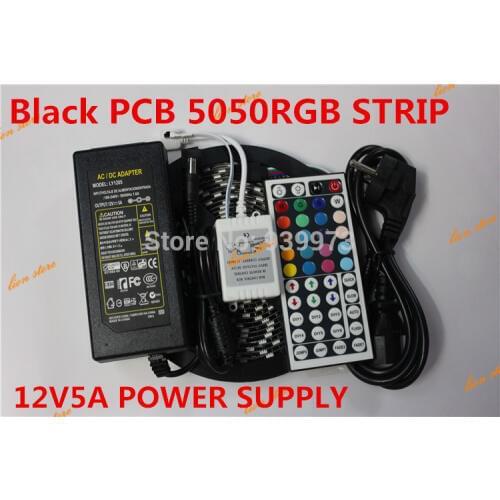 Flexible Black PCB version Waterproof 5050 RGB LED Strip 5M 300 Led SMD 44 Keys IR Remote Controller 12V 5A Power Adapter
