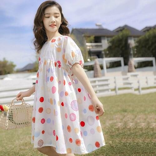 Teen Girls Cotton Casual Dress Summer 2021 New Kids Korean Style Loose Cute Polka Dot Princess Clothing Fashion Over Knee