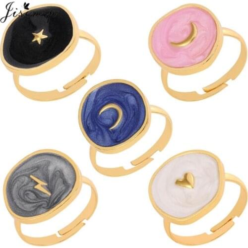 Jisensp 2021 Korean Alloy Cute Drop Oil Love Moon Star Lightning Finger Ring for Women Round Enamel Rings Fine Jewelry Rings