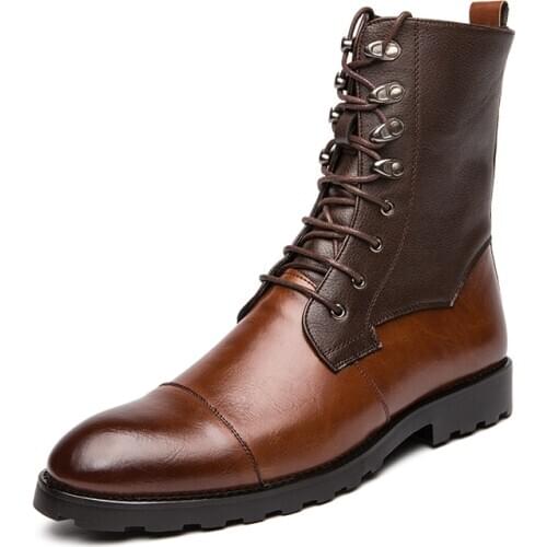 Jumpmore Men Leather Boots Non Slip Pointed Toe Lace Up Low Heeled Casual Shoes Men Winter Outdoor Retro Boots Size 38-48