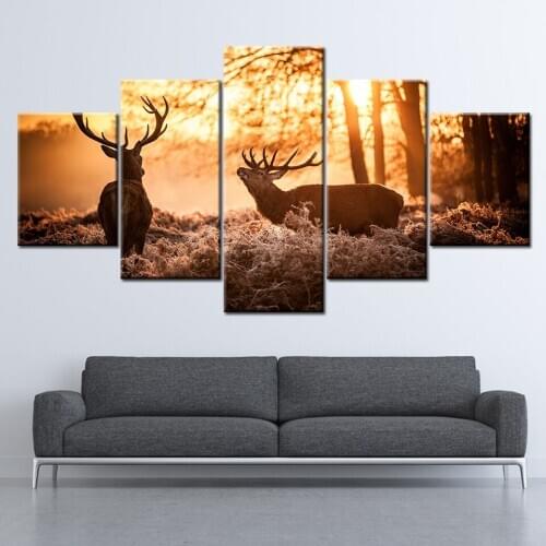 Canvas Painting HD Deer under dawn 5 Pieces Wall Art Painting Modular Wallpapers Poster Print Home Decor free shipping