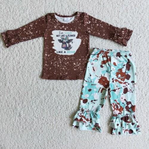 Lovely Baby Girls Farm Brown Heifer Like A Bomb Designer Pajamas Ruffles Sleeve and Pants Set Wholesale Boutique RTS