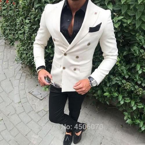 Ivory Mens Suits Casual Business Slim Fit Wedding Tuxedos Double Breasted Groom Wear Bridegroom Costume Homme 2Pcs Jacket Pants