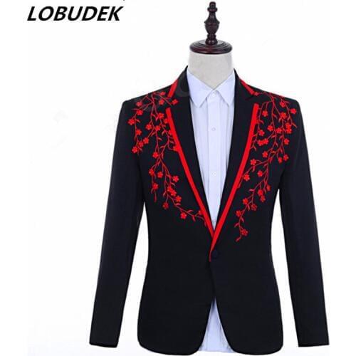 Mens Casual Coat Applique Design Suit Jacket Black-red Floral Blazers Male Singer Host Wedding Groom Dress Slim Coat Costume