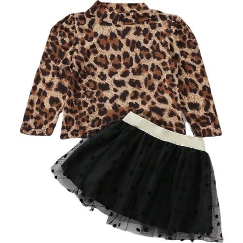 2021 New Kids Child Girls Clothes Set Long Sleeve Fashion Leopard Print Tops Polka Dot Tulle Skirt Suit 2-7Y