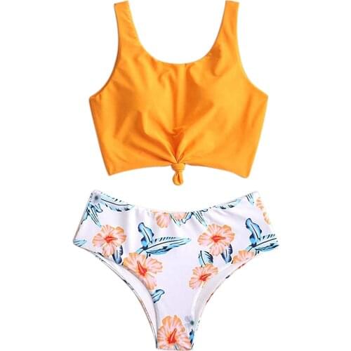 2021 New Floral Print High Waist Knotted Solid Color Bikini Sets Swimsuit Women Sexy Two-pieces Swimwear Beach Bathing Suit