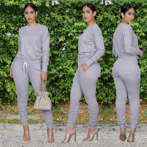 New Solid Color Two-Piece Womens Round Neck Long-Sleeved Top + Pleated Pencil Pants With Pockets Fashion Casual Suit Spring 2021