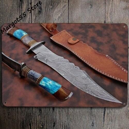 Tin Sign Handmade Bowie Knife Damascus Steel Hunting Bowie Knives 12 x 8 Inch