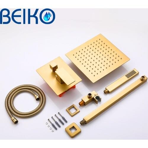 Luxury 10 inch ultra-thin shower Brass bathroom wall shower kit Gold Color bath tap wall type concealed constant shower set