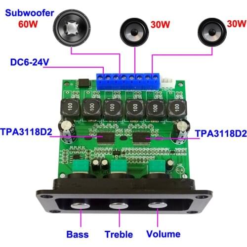 TPA3118D2 Sound Amplifier Board 2.1 Subwoofer Amplifiers Digital Power Amplificador 2x30W+60W Audio Amp With Panel