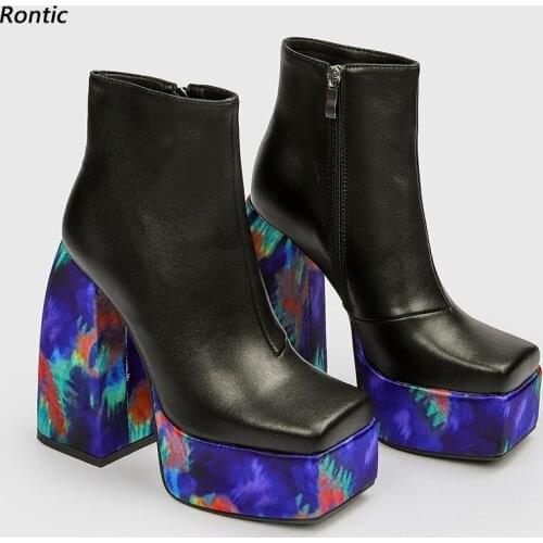 Rontic Hot Women Winter Platform Ankle Boots Genuine Leather Side Zipper Hoof Heels Square Toe Black Dress Shoes US Size 5-10.5