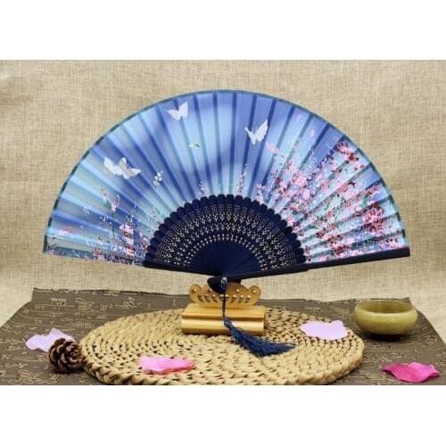 Women Folding Fans Smile Cherry Blossoms Process Bamboo Hand Fan Manual Carve Silk Tabletop Decor Arts And Crafts SN498