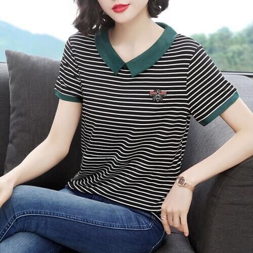 Women Spring Summer Style T-Shirts Tops Lady Casual Short Sleeve O-Neck Striped Printed Blue Black White Tshirts Tees ZZ0227