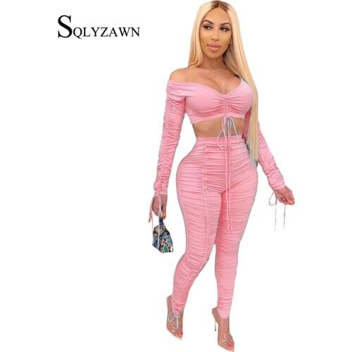 Women 2 Piece Casual Printing and Dyeing Suit Chic Off Shoulder Lonh Sleeve Crop Top and Ruched Skinny Pants Set Sexy Streetwear