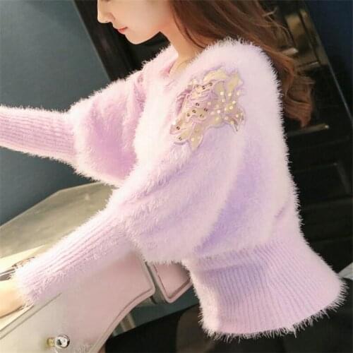 Hollow pullover Sweaters Womens Round neck Bat sleeve Tee Top Imitation mink velvet Autumn Winter Female loose knitting Sweater