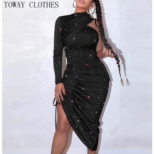 Women Glitter One Shoulder Drawstring Ruched Dress Elegant Night Out Bodycon Party Dress