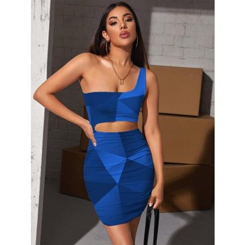 Giyu Brand Dark Blue Dress Women Cube Pleating Geometry 3d Print Abstract Vestido Sexy Womens Clothing Summer Vintage Beach