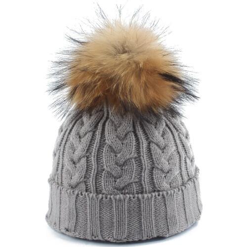 Winter Women Hat Mink Raccoon Fur Pompom Beanie Twist Knitted Hat Parent Child Skullies Beanies Ladies Outdoor Ski Cap