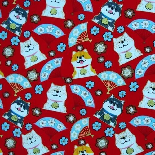 1 yard Printed Cotton Woven Fabric - Lucky Cats, Fan and Flower on Red Background (width=140cm)