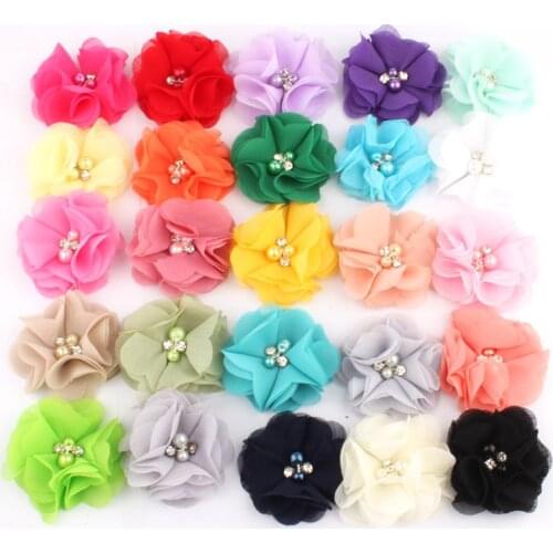 1000PCS 5.3CM 2" Pearl Rhinestone Chiffon Flower For Headband Fabric Hair Flowers For Bouquet Girls Hair Accessories