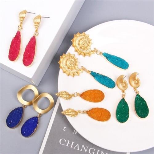 2021 Druzy Earrings For Women Crystal Drop Earrings Design Jewelry Oval Natural Stone Long Eardrop Dangler Brincos Handmade Gift