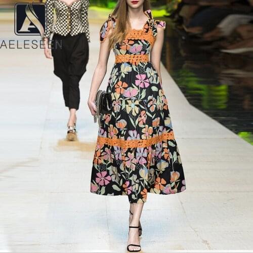 AELESEEN Runway Fashion Women Summer Dress 2021 Spaghetti Strap Bow Colorful Flower Print Hollow Out Lace Patchwork Long Dress