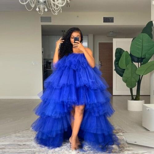 High Low Tutu Dresses Girls Orange Royal Blue Brand Tulle Asymmetrical Long Puffy Orchid Dress For Party Off Shoulder Elastic