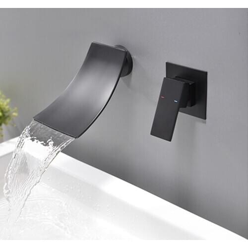 Free ship Waterfall Wall-mounted Bathroom Vessel Sink Square Faucet black Color Single Handle