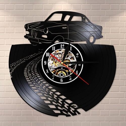 Silent Quartz Vinyl Record Wall Clock Vintage Retro Car with Road Mark Sports Automobile Racecar Watch Car Lovers Home Decor