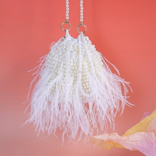DOYUTIG Autumn & Winter Plush Bag Ostrich Feather Crossbody Bag Handmade Hollow String Pearl Bucket Bag Drawstring Handbag A274