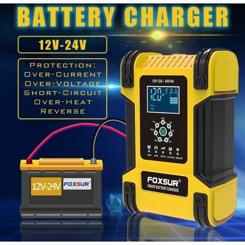 FOXSUR 12V 12A 24V 6A 7 Stage Automatic Smart Motorcycle & Car Battery Charger For Lead-Acid LifePO4 AGM GEL SAL WET Deep Cycle