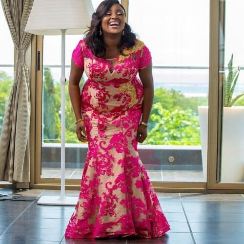 Fuchsai Lace Mermaid Evening Dresses Short Sleeve Bead Plus Size Prom Gown Customized Formal Wears