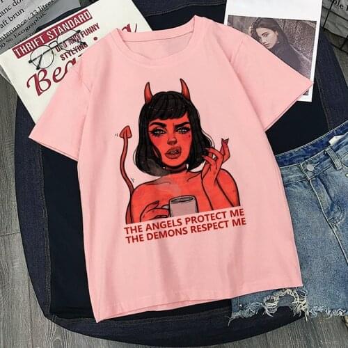 THE ANGELS PROTECT ME THE DEMONS RESPECT ME Print T-shirt Women Chic Harajuku Vintage BF Large Size Loose Pink Fashion T Shirt